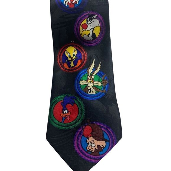 Looney Tunes Mania 1993 Black Character Neck Tie Martian Elmer Fudd Tasmanian - Picture 3 of 8